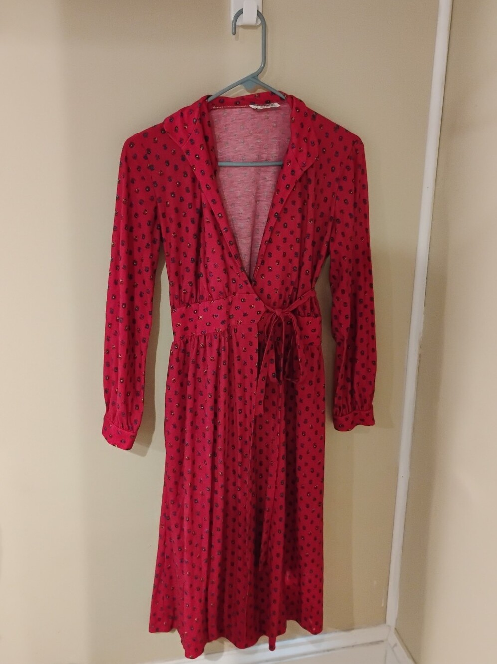 Vintage 1970s Lanz Long Sleeve Wrap Midi Dress Red Floral